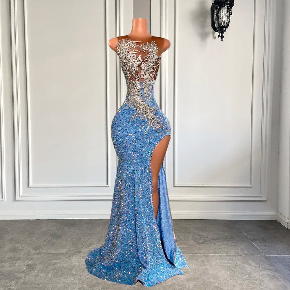 Long Sparkly Light Blue Mermaid Prom Dress W/Silver Beaded slvhasitall Long Sparkly Light Blue Mermaid Prom Dress W/Silver Beaded slvhasitall