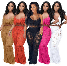 Load image into Gallery viewer, 2 Piece Knit Rib Tassel Summer, Beach Sexy Fishnet Halter Lace Up Crop Top + Pants + Shorts See Through Sets - slvhasitall