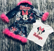 Load image into Gallery viewer, Minnie Mouse Inspired fuzzy 3 Piece Denim Set. Please Read Description Below On How To Place Your Order.