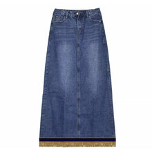 Load image into Gallery viewer, Women's Light Denim Jean Maxi Skirt With Fringes