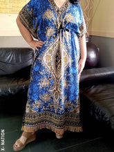 Load image into Gallery viewer, Hebrew Israelite Women's Blue & Gold Kaftan Dress, With Gold Fringes