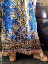 Load image into Gallery viewer, Hebrew Israelite Women's Blue & Gold Kaftan Dress, With Gold Fringes