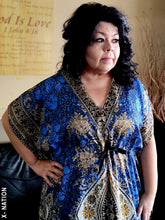 Load image into Gallery viewer, Hebrew Israelite Women's Blue & Gold Kaftan Dress, With Gold Fringes