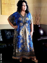 Load image into Gallery viewer, Hebrew Israelite Women's Blue & Gold Kaftan Dress, With Gold Fringes