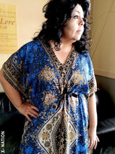 Load image into Gallery viewer, Hebrew Israelite Women's Blue & Gold Kaftan Dress, With Gold Fringes