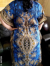 Load image into Gallery viewer, Hebrew Israelite Women's Blue & Gold Kaftan Dress, With Gold Fringes