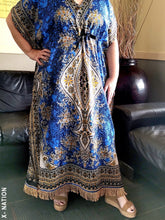 Load image into Gallery viewer, Hebrew Israelite Women's Blue & Gold Kaftan Dress, With Gold Fringes
