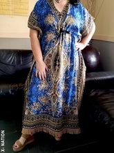 Load image into Gallery viewer, Hebrew Israelite Women's Blue & Gold Kaftan Dress, With Gold Fringes