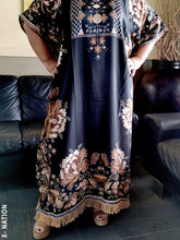 Load image into Gallery viewer, Hebrew Israelite Women's Brown & Gold Kaftan Dress with Gold Fringes