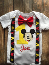 Load image into Gallery viewer, Custom boys first birthday Mickey Mouse bodysuit with suspenders and bow tie,
