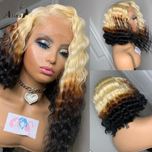 Load image into Gallery viewer, Full Curly BOB Ombre Deep Wave Blonde Lace Frontal Wig Colored 613 Blonde