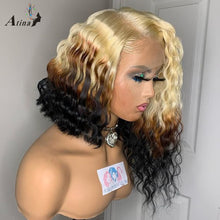 Load image into Gallery viewer, Full Curly BOB Ombre Deep Wave Blonde Lace Frontal Wig Colored 613 Blonde