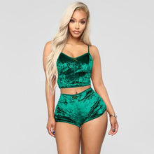 Load image into Gallery viewer, Women Outfits Velvet Sexy V Neck Spaghetti Straps Crop Top + Shorts Tracksuit Night Club Party Sets Summer Sleepwear Cloth Two Piece EEA1684