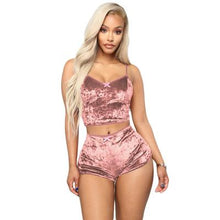 Load image into Gallery viewer, Women Outfits Velvet Sexy V Neck Spaghetti Straps Crop Top + Shorts Tracksuit Night Club Party Sets Summer Sleepwear Cloth Two Piece EEA1684