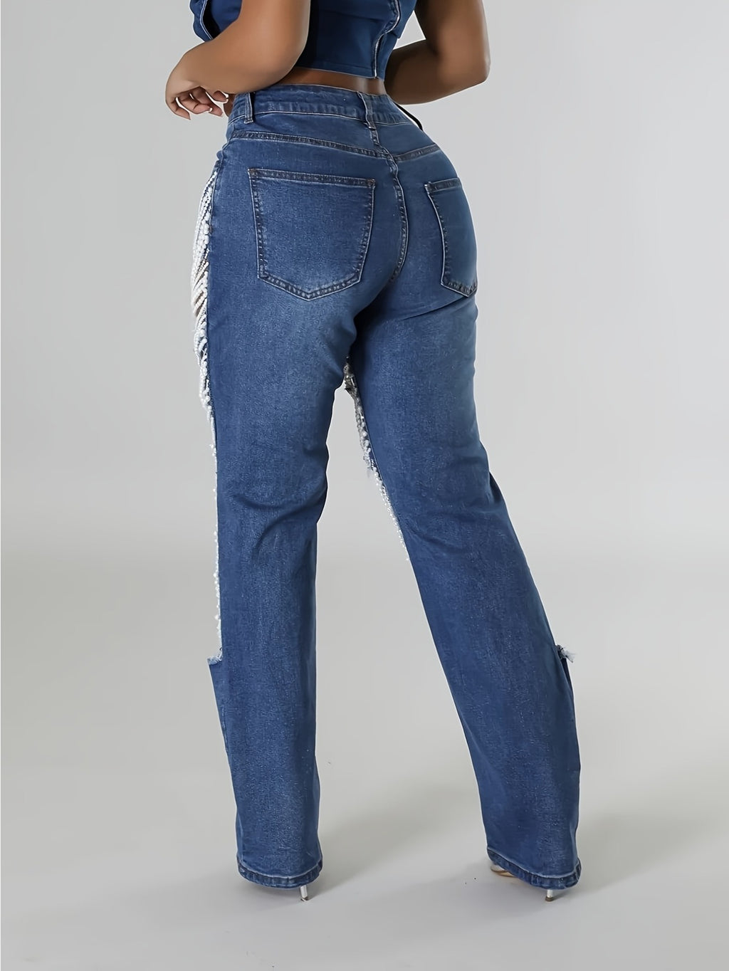 Women High Waist 2 Colors Denim Jeans Rhinestone Chain Layered Distressed Flared Boot Cut Party Clubwear Fashion Streetwear Trousers