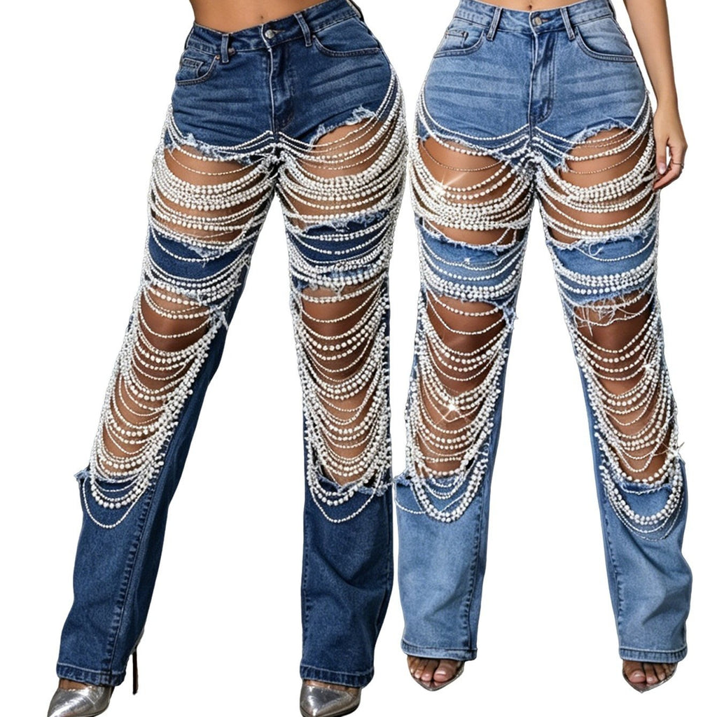 Women High Waist 2 Colors Denim Jeans Rhinestone Chain Layered Distressed Flared Boot Cut Party Clubwear Fashion Streetwear Trousers