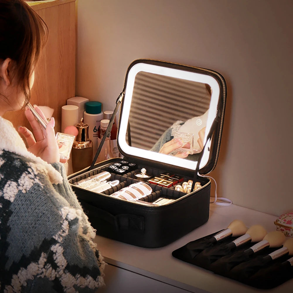New Smart Leather  LED Makeup Bag With Large Mirror