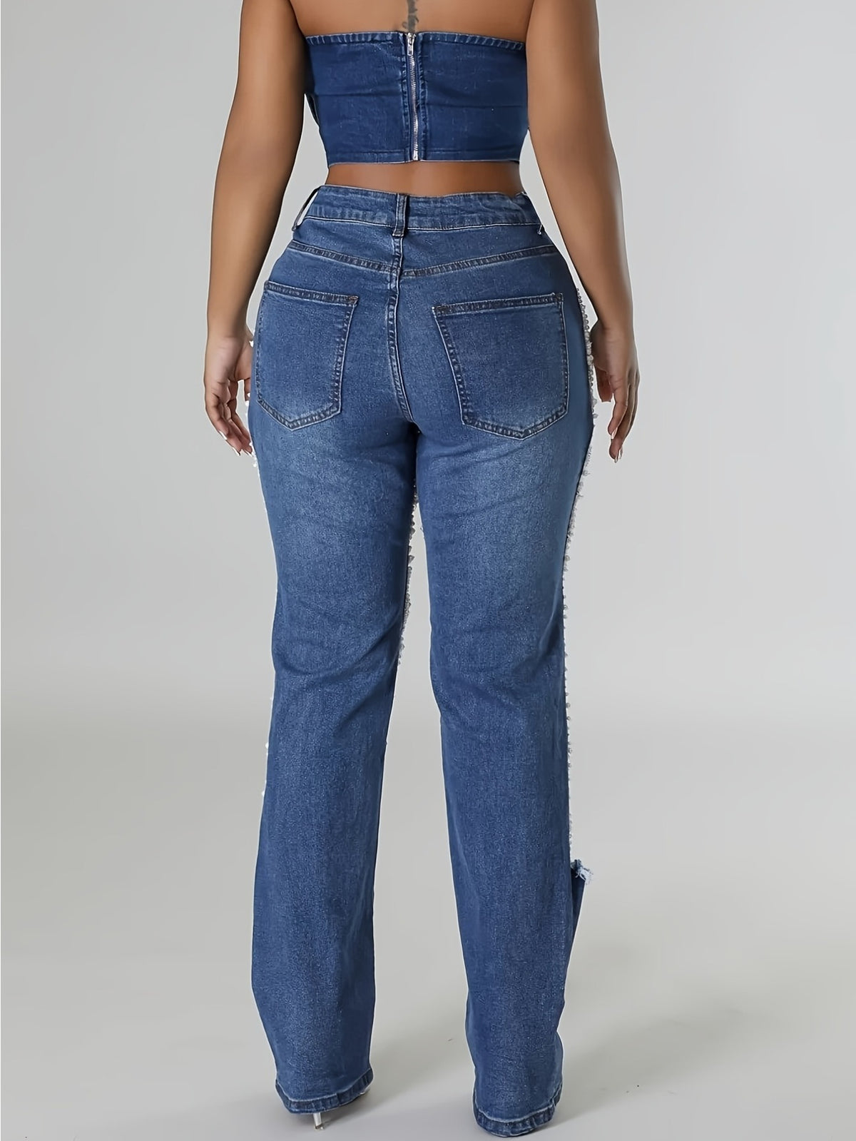Women High Waist 2 Colors Denim Jeans Rhinestone Chain Layered Distressed Flared Boot Cut Party Clubwear Fashion Streetwear Trousers