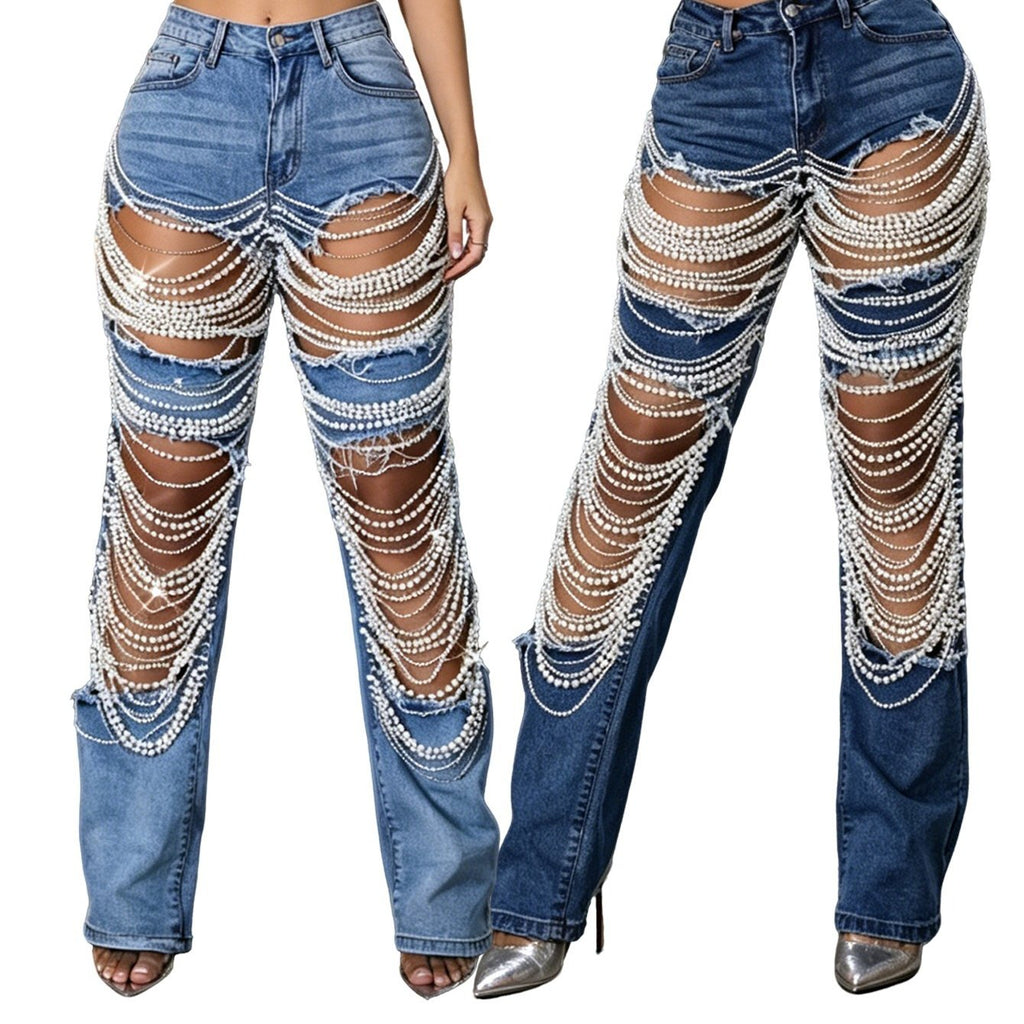 Women High Waist 2 Colors Denim Jeans Rhinestone Chain Layered Distressed Flared Boot Cut Party Clubwear Fashion Streetwear Trousers