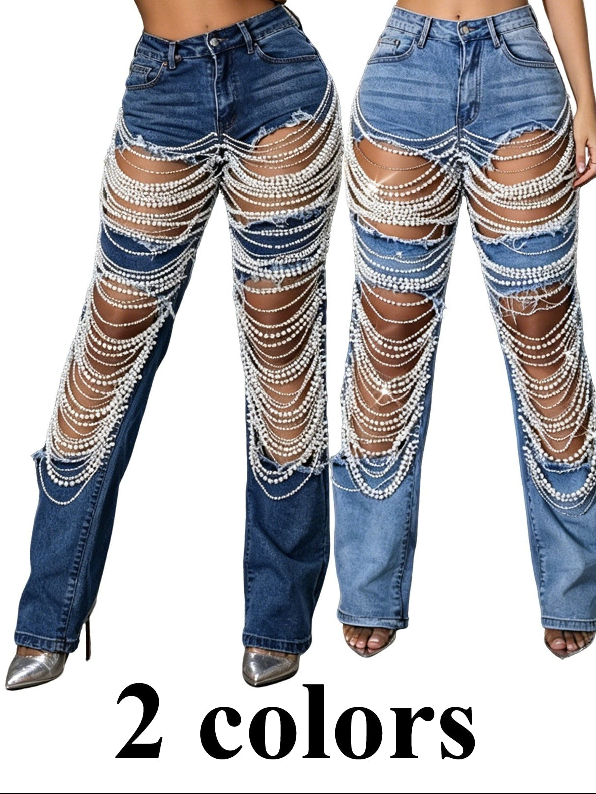 Women High Waist 2 Colors Denim Jeans Rhinestone Chain Layered Distressed Flared Boot Cut Party Clubwear Fashion Streetwear Trousers