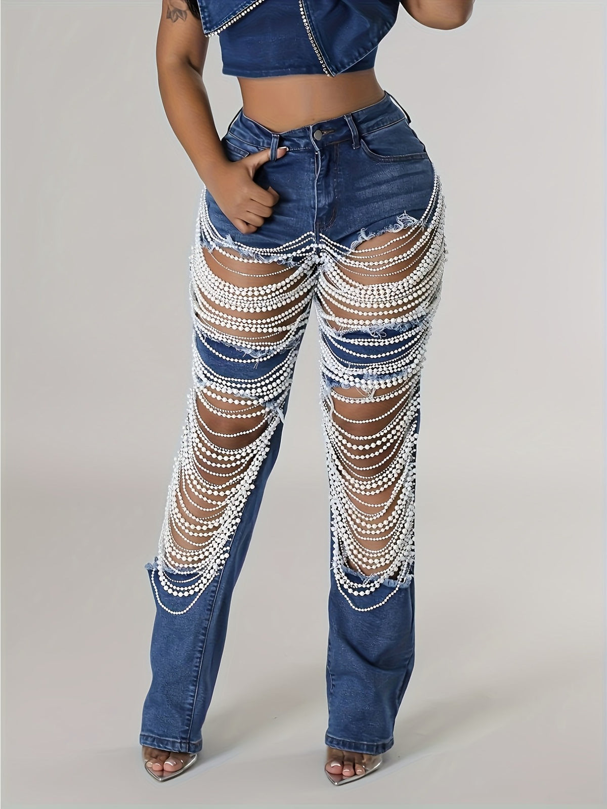 Women High Waist 2 Colors Denim Jeans Rhinestone Chain Layered Distressed Flared Boot Cut Party Clubwear Fashion Streetwear Trousers