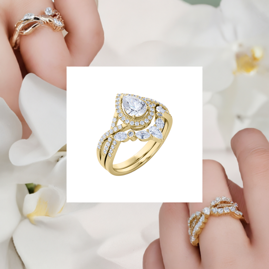 1.25 Carat Pear Cut Moissanite Bohemian Wedding Set - in 10k White Gold