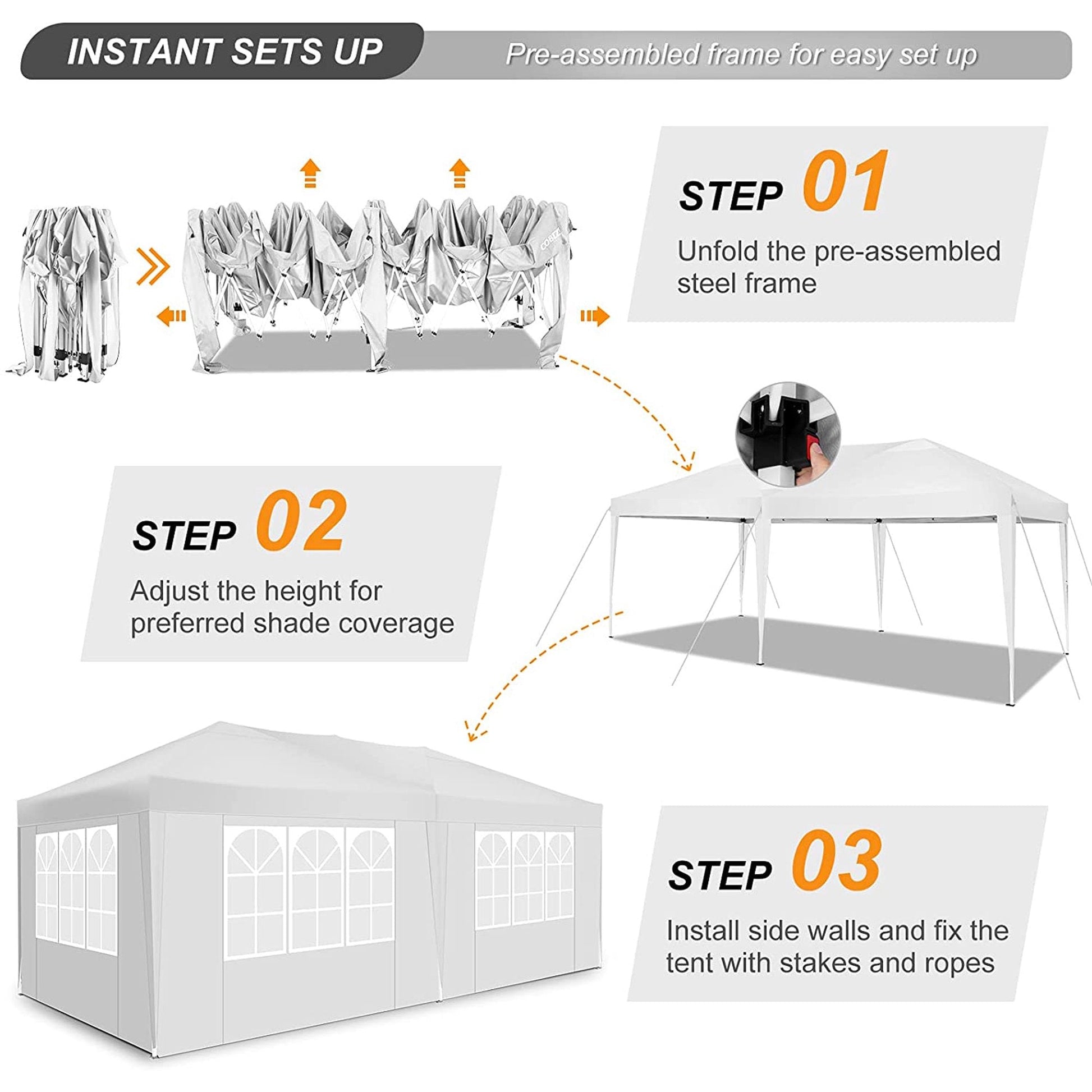 10' x 20' EZ Pop Up Canopy Tent Party Tent Outdoor Event Instant Tent Gazebo with 6 Removable Sidewalls and Carry Bag, White - slvhasitall