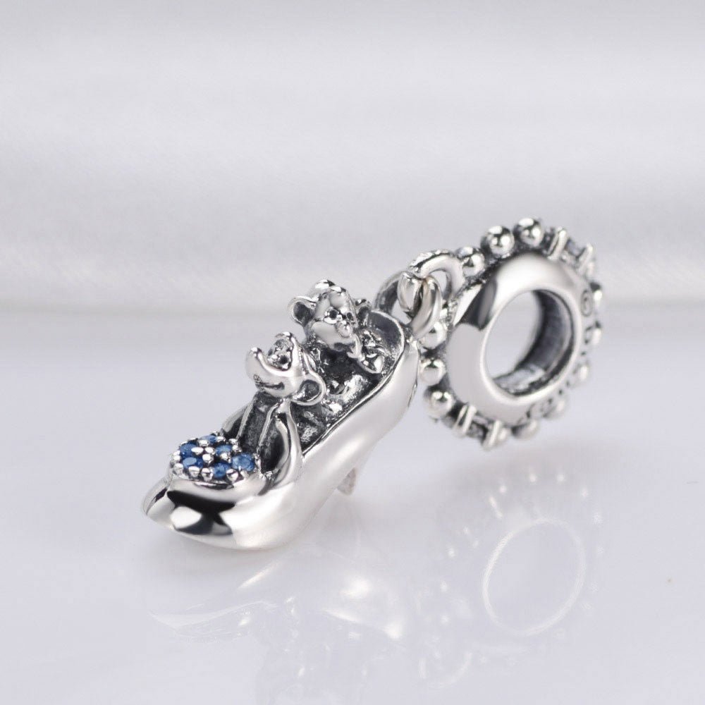 100% Real 925 Sterling Silver Glass Slipper & Mice Dangle Pendant Charm Bead - slvhasitall