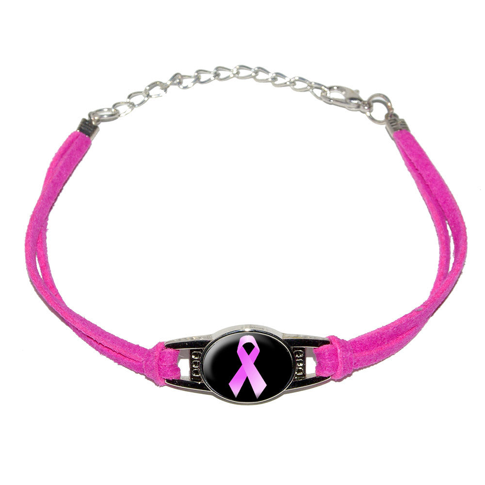 Breast Cancer Awareness Ribbon on Black Leather Metal Bracelet