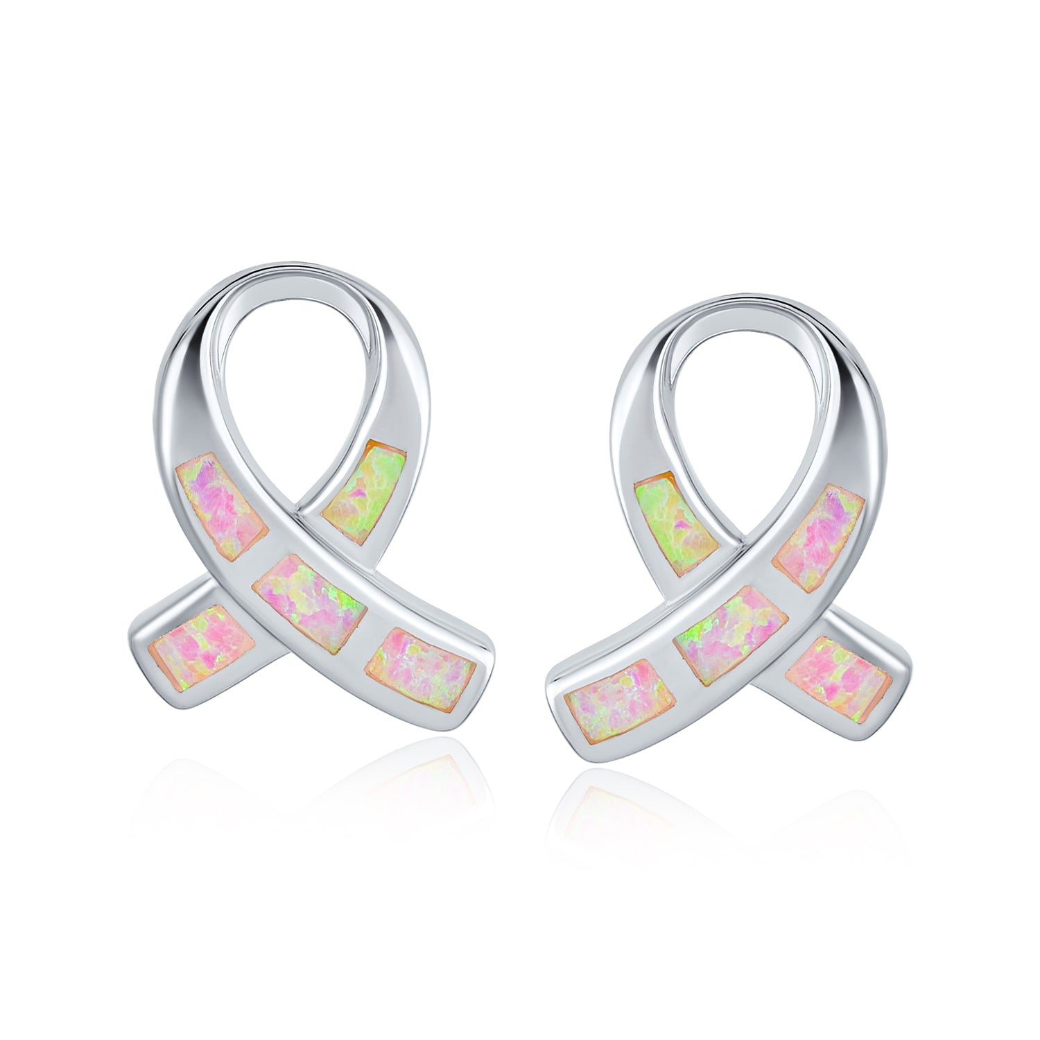 Created Pink Opal Ribbon for Breast Cancer Awareness Stud Earrings