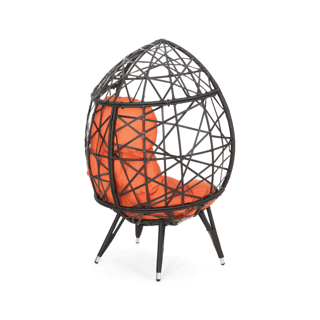 Kyahna Indoor Wicker Teardrop Chair with Cushion, Brown and Orange