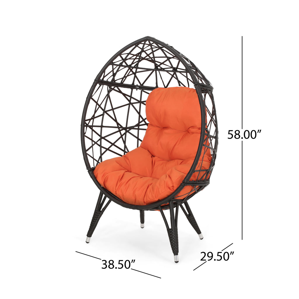 Kyahna Indoor Wicker Teardrop Chair with Cushion, Brown and Orange