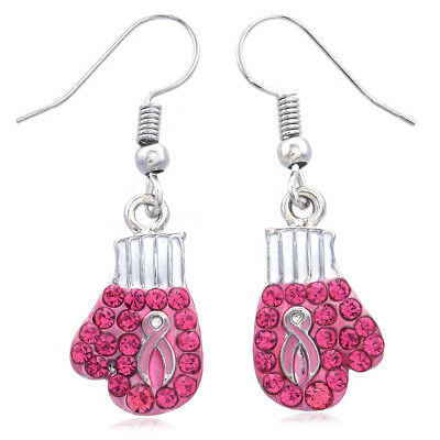 Pink Breast Cancer Awareness Battle Fighting Boxing Gloves Earrings Charm