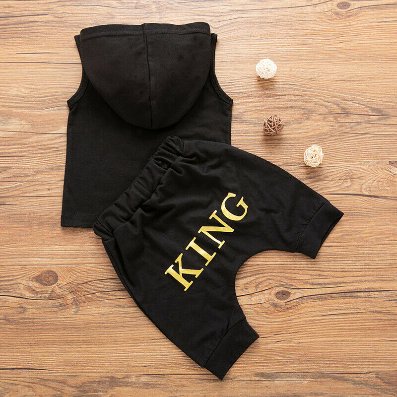 King Boy Sleeveless Hooded Tops+Shorts Outfits Set