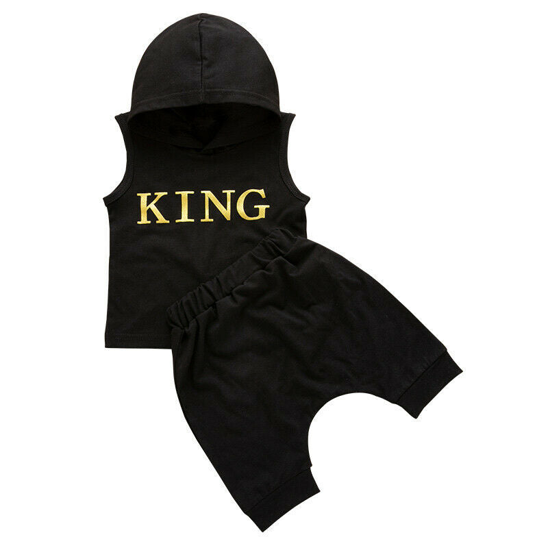 King Boy Sleeveless Hooded Tops+Shorts Outfits Set