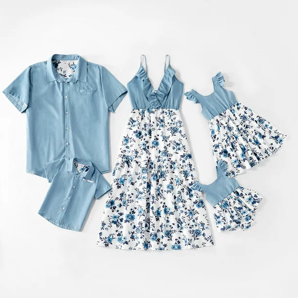 Mosaic Cotton Family Matching Floral Flounce Tank Dresses and Denim Tops - slvhasitall