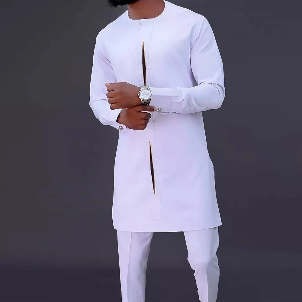 2 Pieces Men Dashiki Long Sleeve Shirt White Trouser Set - slvhasitall