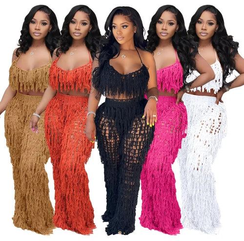 2 Piece Knit Rib Tassel Summer, Beach Sexy Fishnet Halter Lace Up Crop Top + Pants + Shorts See Through Sets - slvhasitall