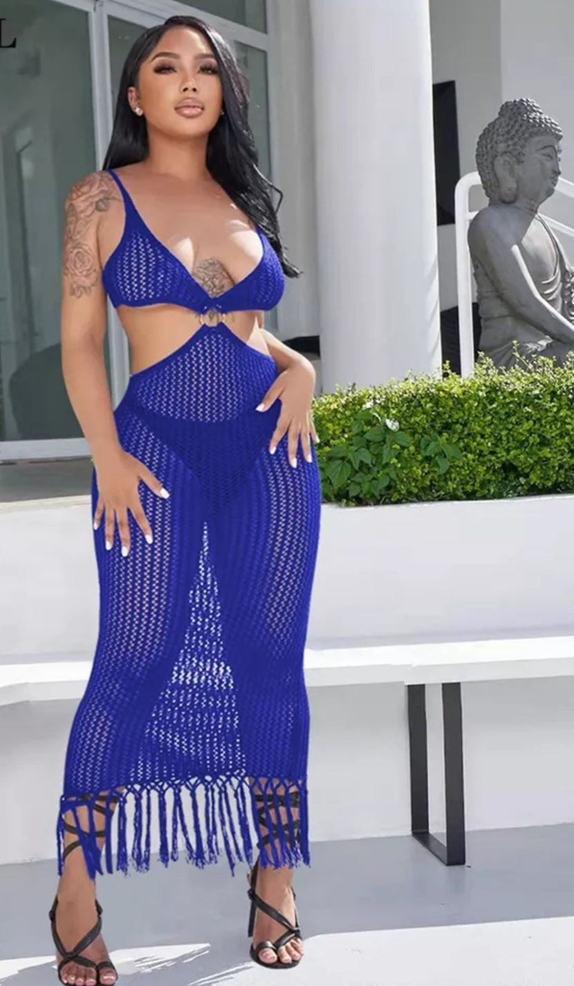 Summer Beach Fun Crochet Knitted Long Fishnet Tassel Fringe Trim Cover Up Sexy Swimwear Dress S/XXL - slvhasitall