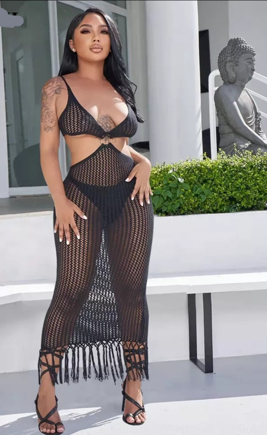 Summer Beach Fun Crochet Knitted Long Fishnet Tassel Fringe Trim Cover Up Sexy Swimwear Dress S/XXL - slvhasitall