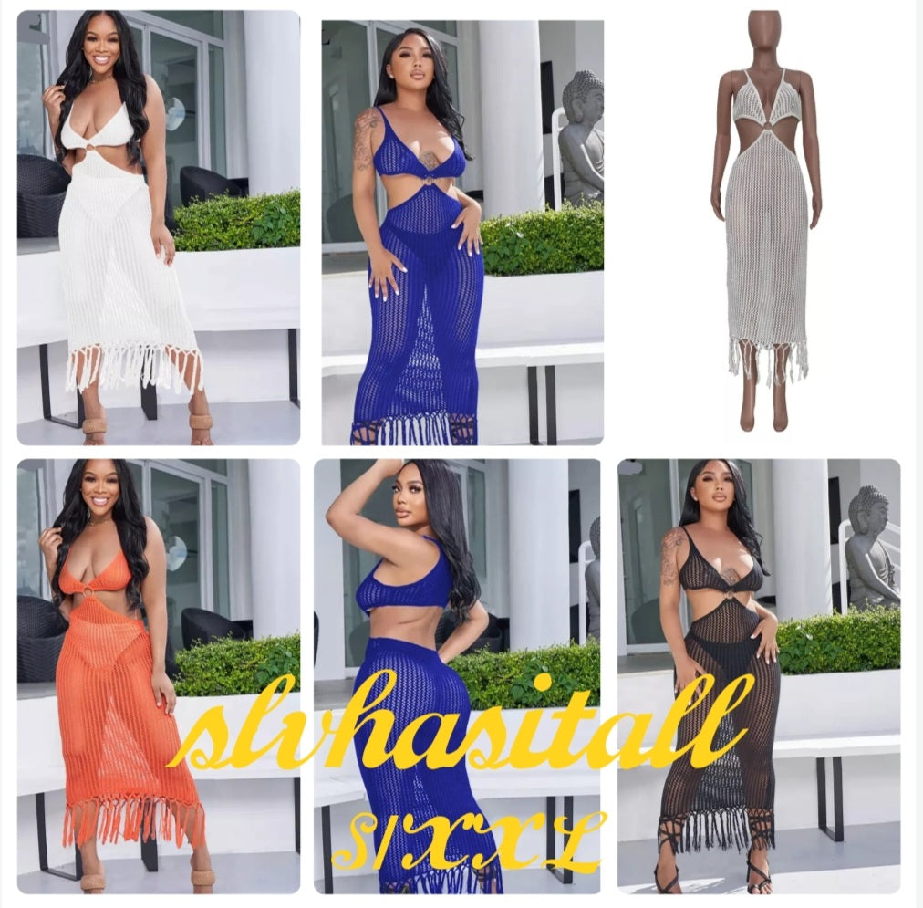 Summer Beach Fun Crochet Knitted Long Fishnet Tassel Fringe Trim Cover Up Sexy Swimwear Dress S/XXL - slvhasitall