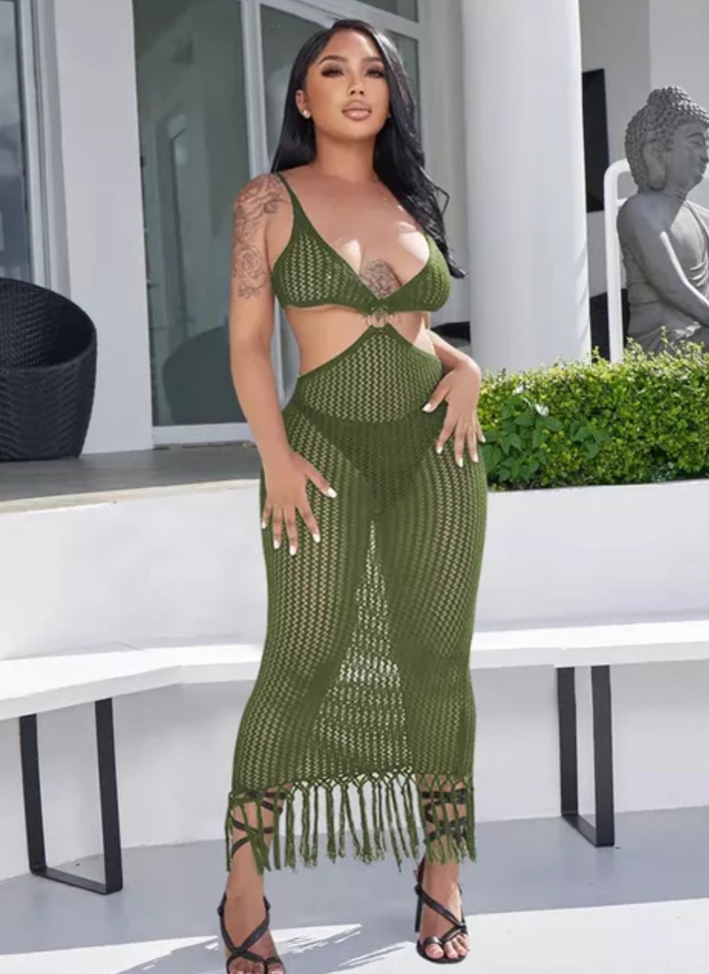 Summer Beach Fun Crochet Knitted Long Fishnet Tassel Fringe Trim Cover Up Sexy Swimwear Dress S/XXL - slvhasitall