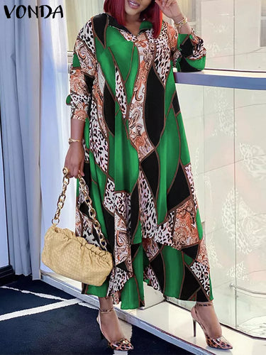 VONDA Women Vintage Printed Bohemian Sexy V Neck Long Sleeve Robe Dress - slvhasitall