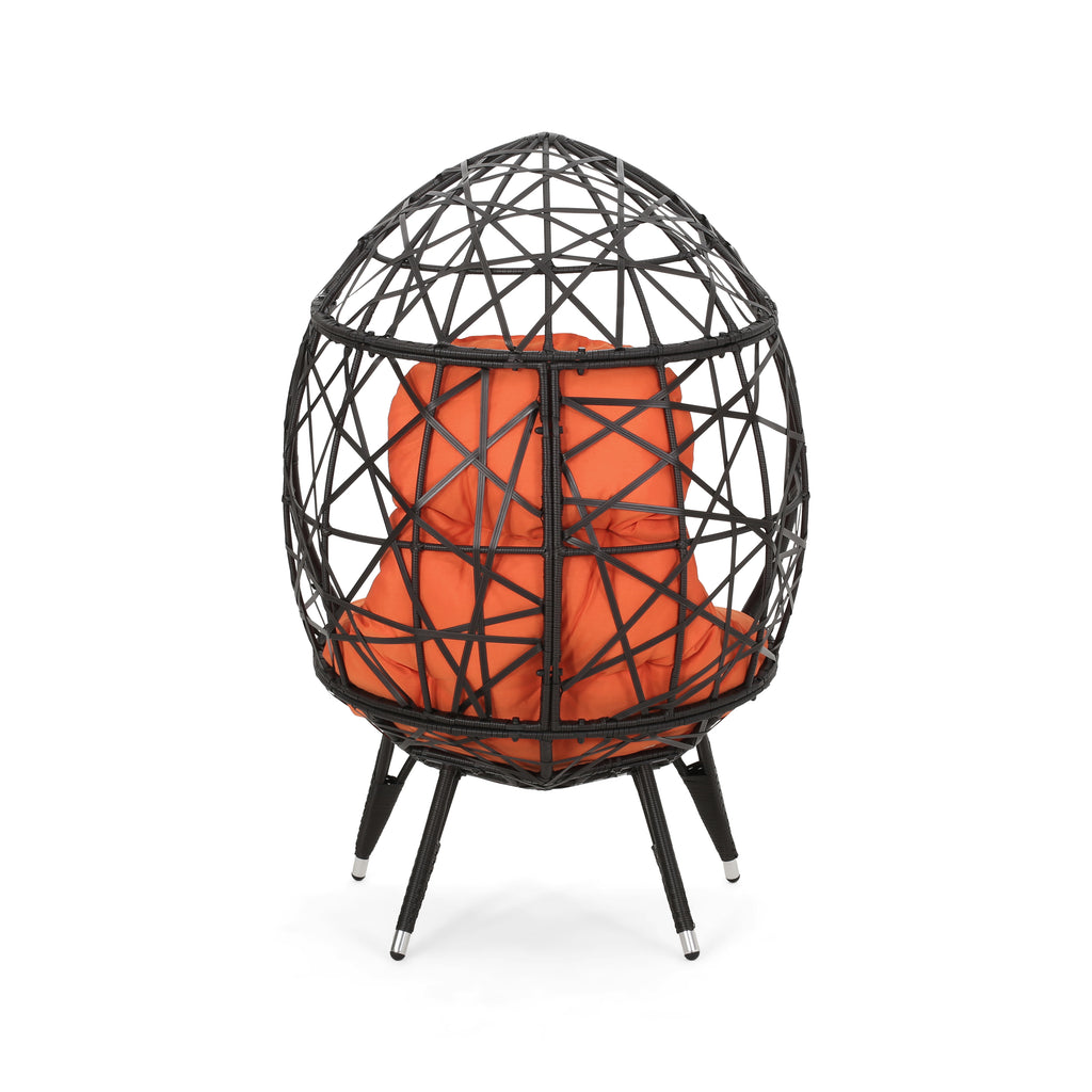 Kyahna Indoor Wicker Teardrop Chair with Cushion, Brown and Orange