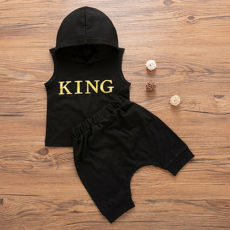 King Boy Sleeveless Hooded Tops+Shorts Outfits Set