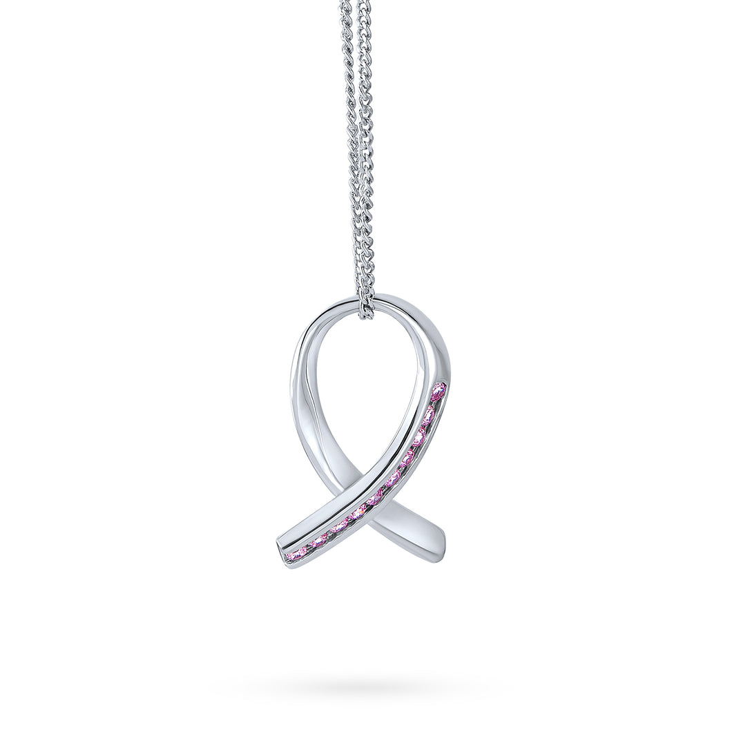 Pave Cubic Zirconia CZ Pink Ribbon Breast Cancer Survivor Pendant Necklace