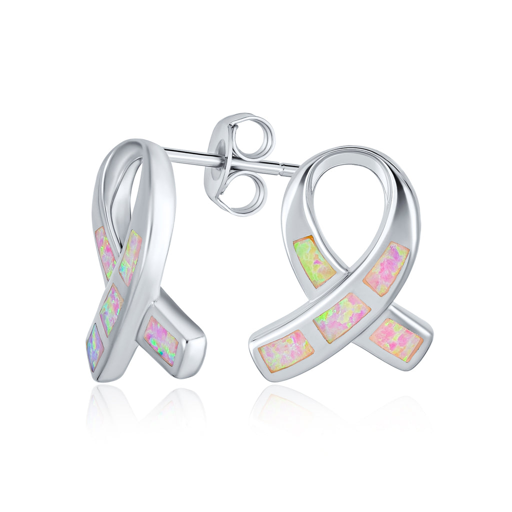 Created Pink Opal Ribbon for Breast Cancer Awareness Stud Earrings