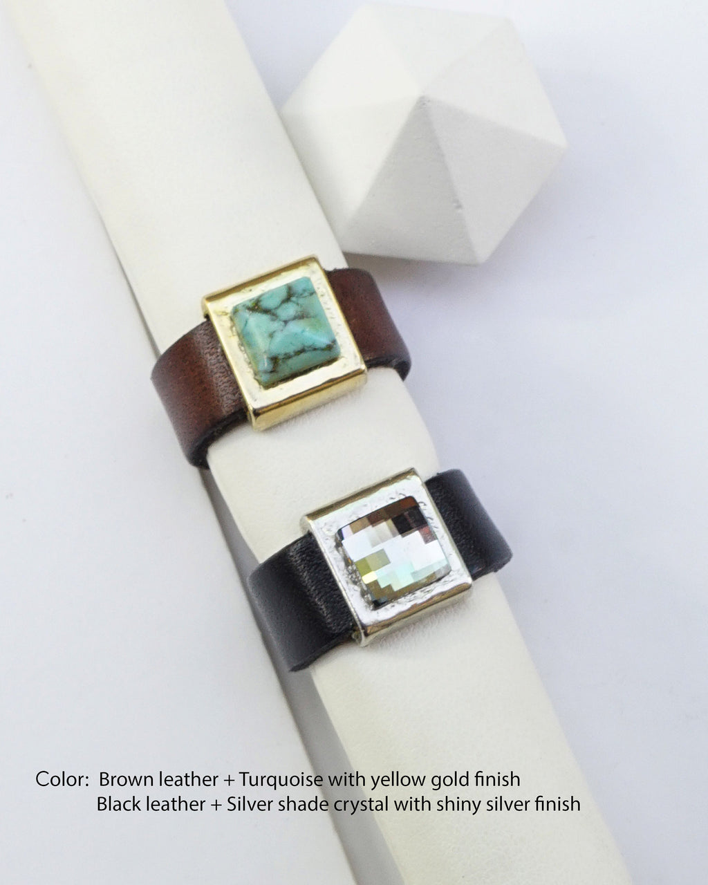 Black Leather Band Rings With Crystal