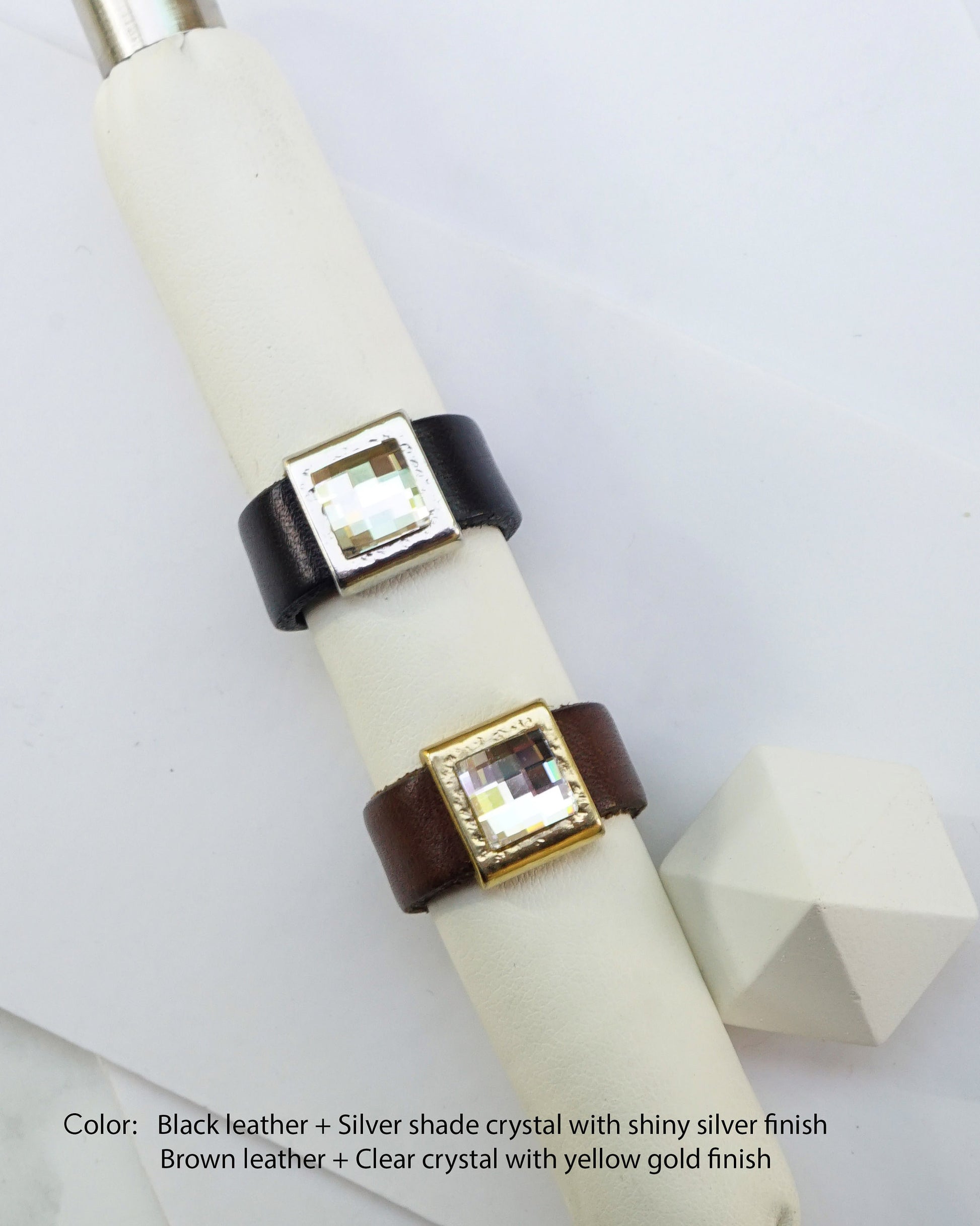 Black Leather Band Rings With Crystal