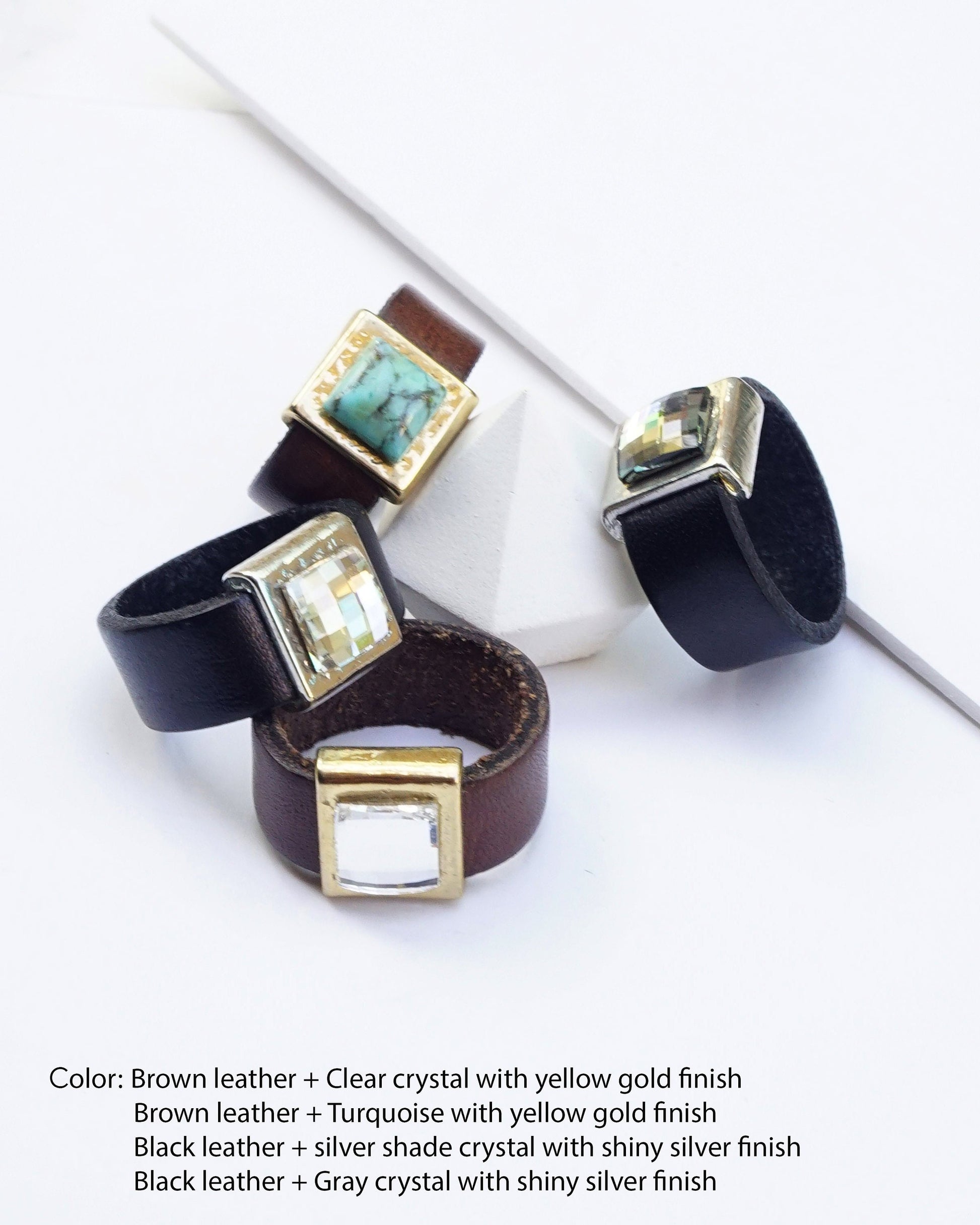 Black Leather Band Rings With Crystal